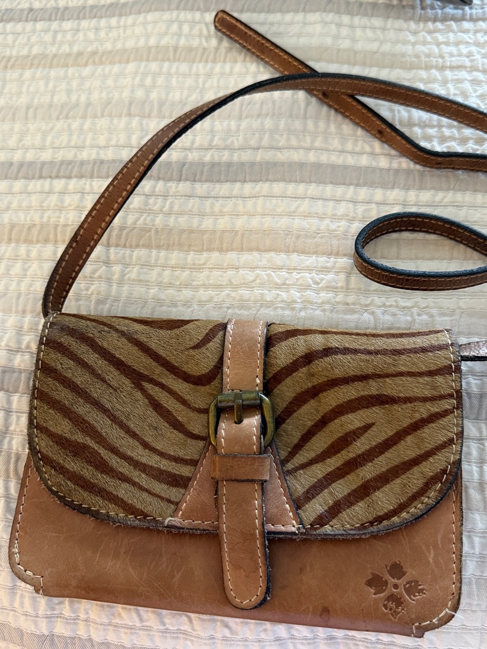 Patricia Nash Brown Zebra-Print Crossbody with Tan Leather Trim